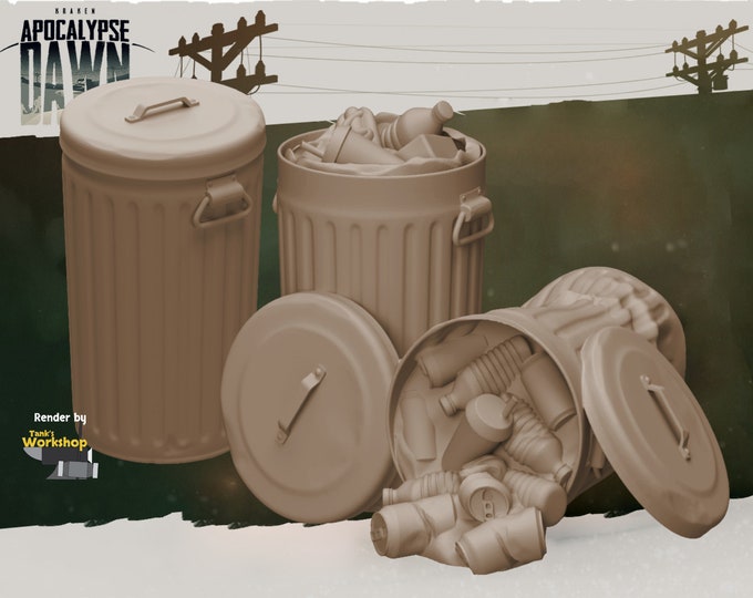 Trashcans - Open/Closed/On Side - 32mm Scale - Kraken - Apocalypse Dawn - Great for Fallout Wasland Warfare, and This Is Not A Test!