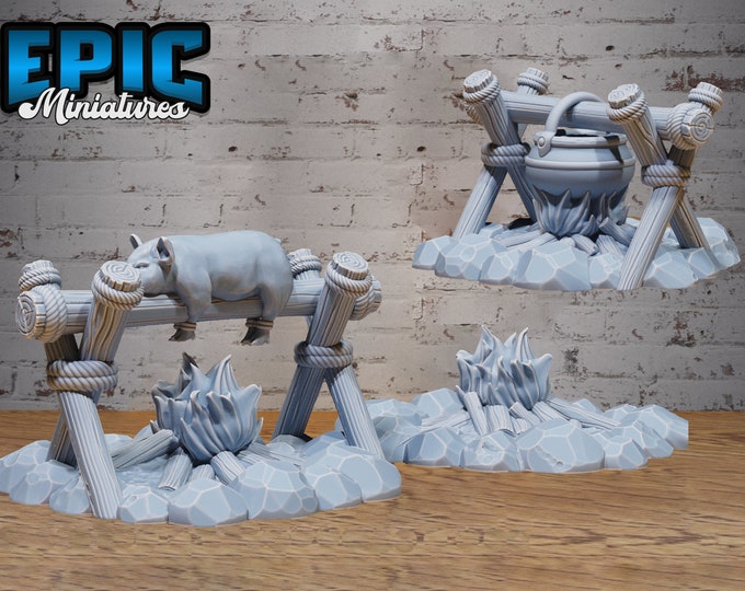 Campfire - Empty, roasting a pig, or with a cauldron - 28mm Scale - Epic Miniatures - Bandit Camp