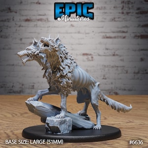 May include: A gray wolf miniature figurine with a skeletal appearance, standing on a rock base. The wolf is posed with its mouth open, and the base size is large (51mm). The Epic Miniatures logo is visible.
