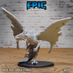 May include: White dragon miniature with wings outstretched, standing on a black base. The dragon has a detailed sculpt with scales and claws. The base size is large (51mm). #4755