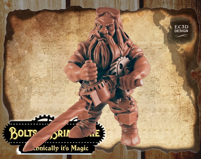 Dwarf Worker with Drill - Includes a base! - True 28/32mm  Scale - EC3D Design - Bolts and Brimstone - Get your steampunk on!