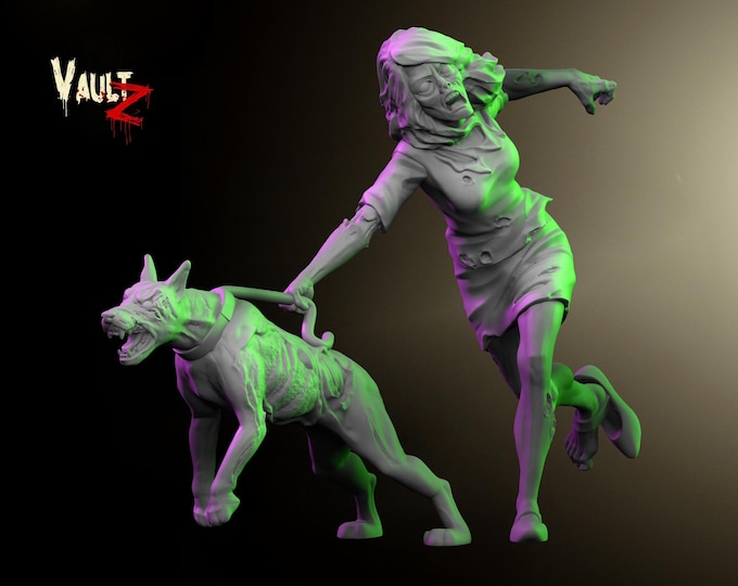 Zombie Lady with Zombie Dog - 28mm or 32mm - VaultZ - For games like Zombicide, This Is Not A Test, County Road Z