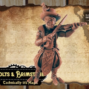 May include: A brown, steampunk-style figurine of a person playing a violin. The figurine is wearing a hat and has a detailed, mechanical design. The figurine is standing on a brown background with the text "Bolts & Brimstone Technically it's Magic" at the bottom.