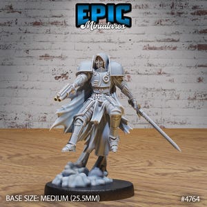 May include: A gray plastic miniature figure of a hooded warrior holding a sword and a gun. The figure is standing on a cloud-shaped base. The base is 25.5 mm in diameter. The figure is labeled "#4764".
