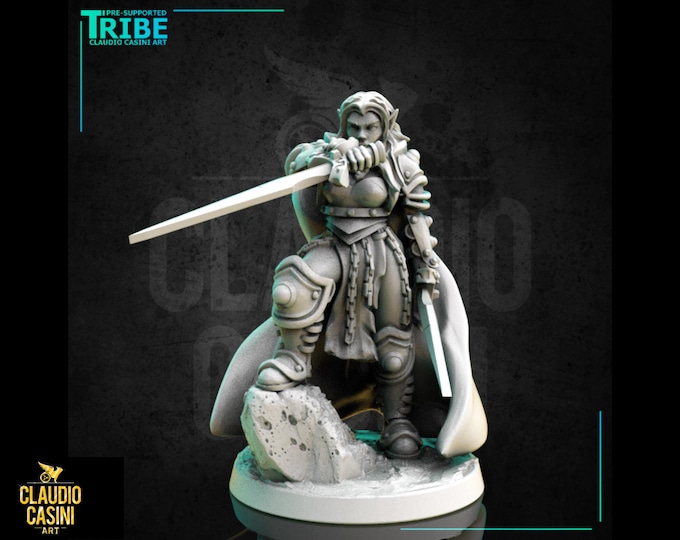 Female Warrior Paladin Swordswoman - Human/Elf/Tiefling- 28mm or 32mm - Claudio Casini Art  - Dungeons and Dragons, Pathfinder! 0271