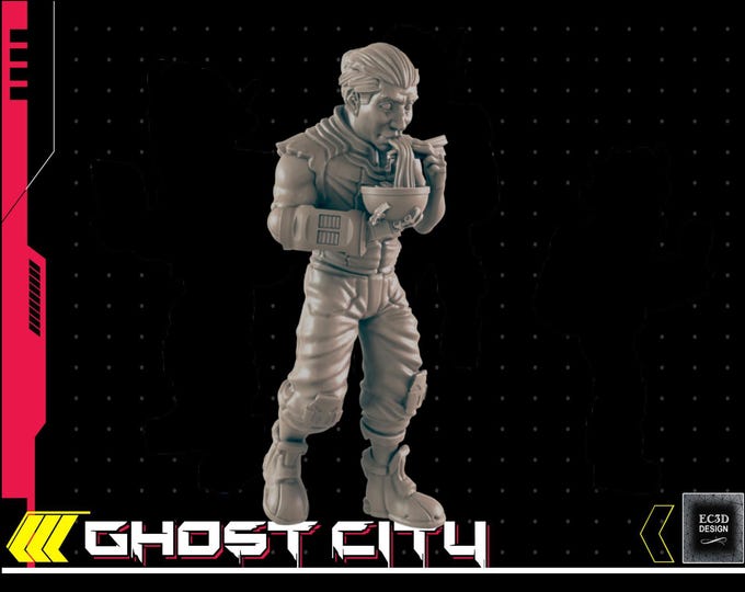 Civilian with bionic hand eating noodles - Cyberpunk/Sci-Fi NPC - 28mm or 32mm - Ghost City
