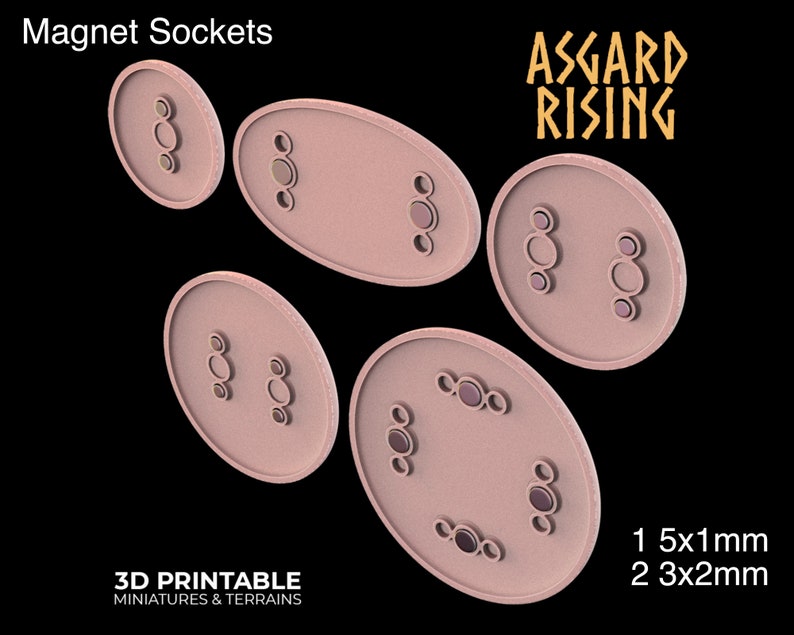 May include: A collection of pink, oval-shaped magnet sockets with multiple circular holes. The text "Magnet Sockets" and "ASGARD RISING" are displayed. The image also includes the text "3D PRINTABLE MINIATURES & TERRAINS" and size specifications.