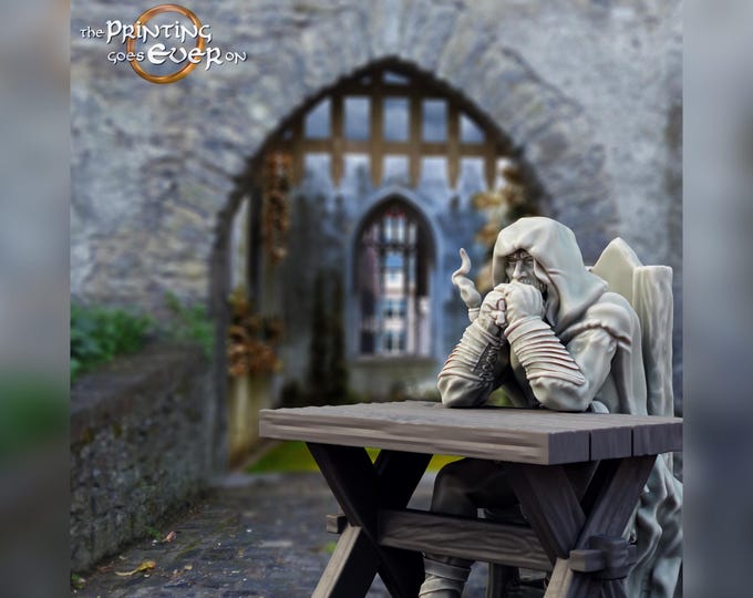 The Wanderer with Table and Chair - 28mm - The Printing Goes Ever On - Lullaby of Stones - Dungeons and Dragons - Pathfinder - Fantasy