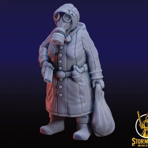 May include: A gray plastic miniature figure of a person wearing a hooded coat, a gas mask, and carrying a bag. The figure is standing on a blue background.