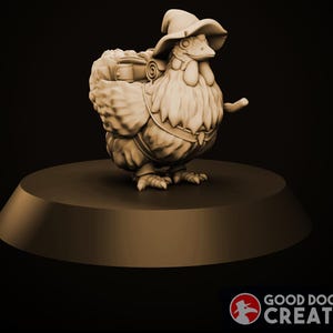 May include: A small, brown, ceramic figurine of a chicken wearing a wizard hat and carrying a backpack. The chicken has a long, white beard and is standing on a round, brown base.