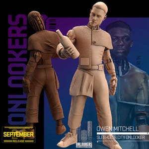 May include: Digital art featuring two humanoid figures with robotic elements, one holding a bottle. The figures are in neutral tones, set against a gradient background. Text includes "ONLOOKERS," "SEPTEMBER 24 RELEASE," and "OWEN MITCHELL SLEEPLESS CITY ONLOOKER."