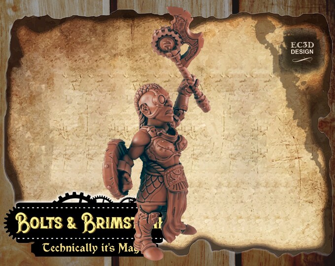 Female Dwarf Berzerker with Axe - Includes a base! - True 28/32mm  Scale - EC3D Design - Bolts and Brimstone - Get your steampunk on!