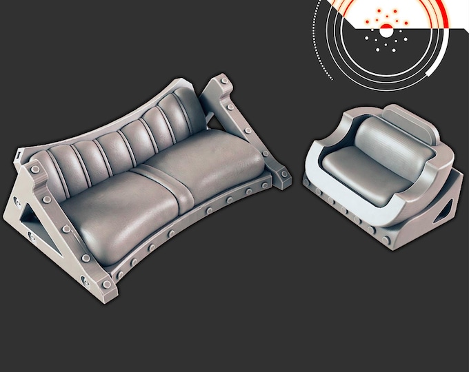 Lounge Chair and Couch - Science Fiction Space Theme - 32mm - Novus Landing - EC3D Designs - Resin Printed