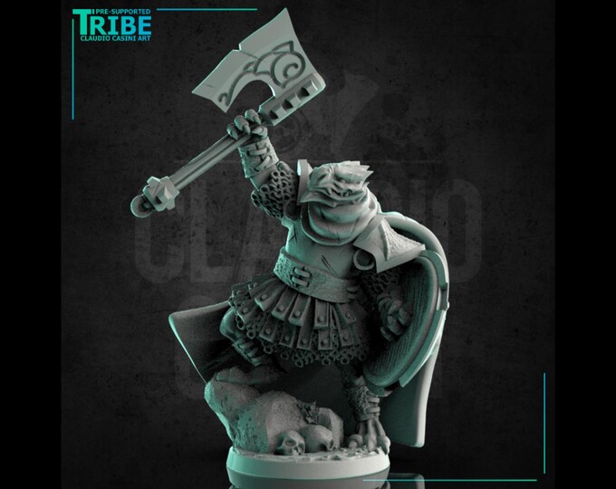 Dragonborn Warrior with Axe and Shield - 28mm or 32mm - Claudio Casini Art - Dungeons and Dragons, Pathfinder 0226