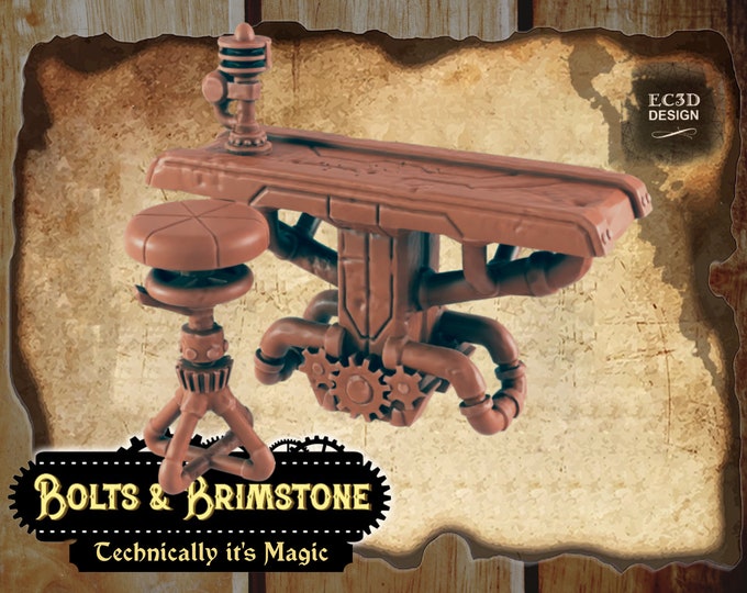 Worktable and Stool - True 28/32mm  Scale - EC3D Design - Bolts and Brimstone - Get your steampunk on!
