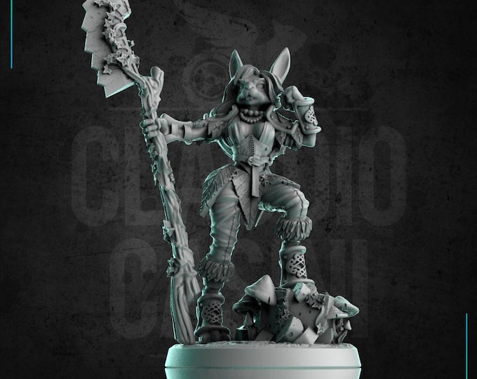Rabbit Folk Druid with Mushroom staff or Glaive (Base included) - 32mm - Claudio Casini Art  - Dungeons and Dragons, Pathfinder! 0338