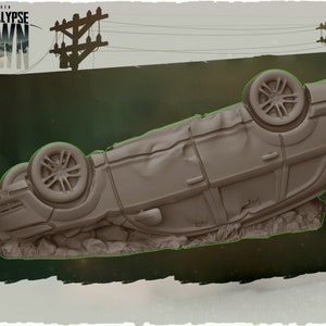 Wrecked Rolled Small SUV - 32mm Scale - Kraken - Apocalypse Dawn - Great for Fallout Wasland Warfare,  Zombicide and This Is Not A Test!