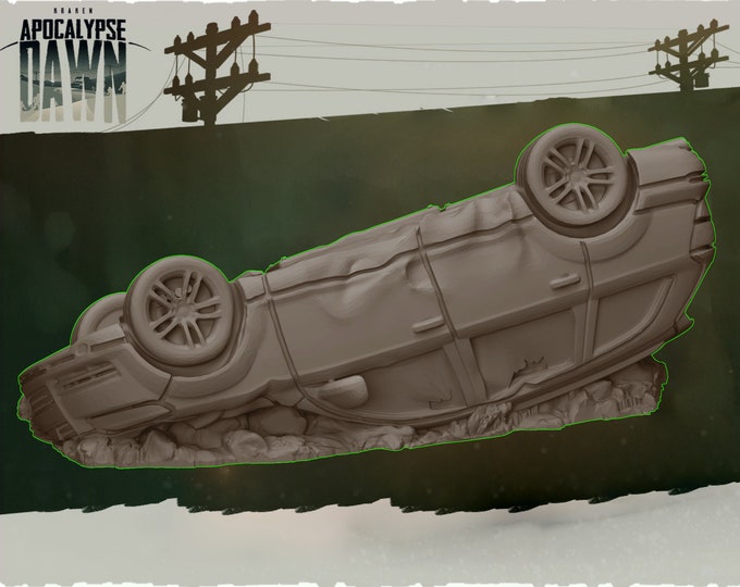 Wrecked Rolled Small SUV - 32mm Scale - Kraken - Apocalypse Dawn - Great for Fallout Wasland Warfare,  Zombicide and This Is Not A Test!