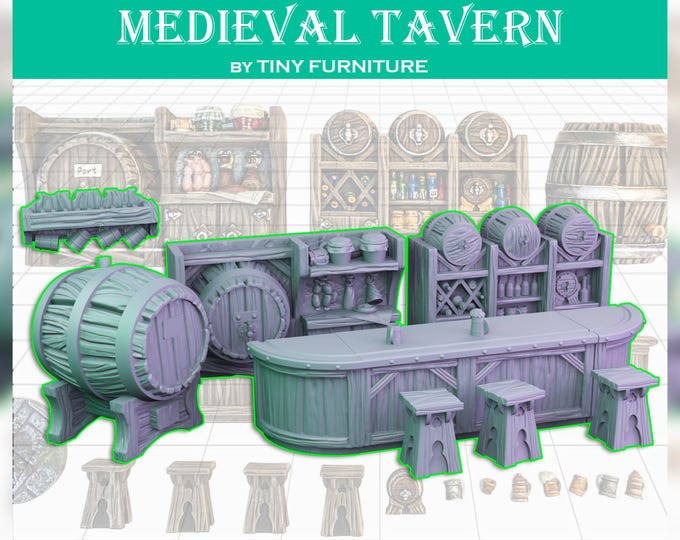 Medieval Tavern Set -  28mm/32mm - Tiny Furniture - UNPAINTED