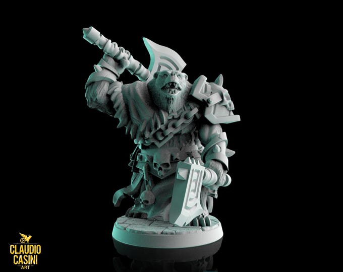 Bear Warrior with Axes - 28mm or 32mm - Claudio Casini Art  - Dungeons and Dragons, Pathfinder! 0259