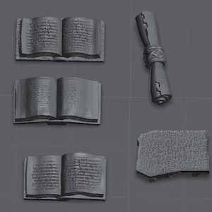 May include: A set of four grey, open books and a rolled up scroll. The books and scroll are all made of a textured material and have a worn, antique look.