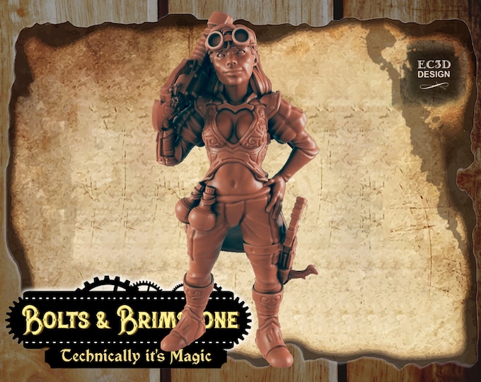 Female Hunter - Includes a base! - True 28/32mm  Scale - EC3D Design - Bolts and Brimstone - Get your steampunk on!