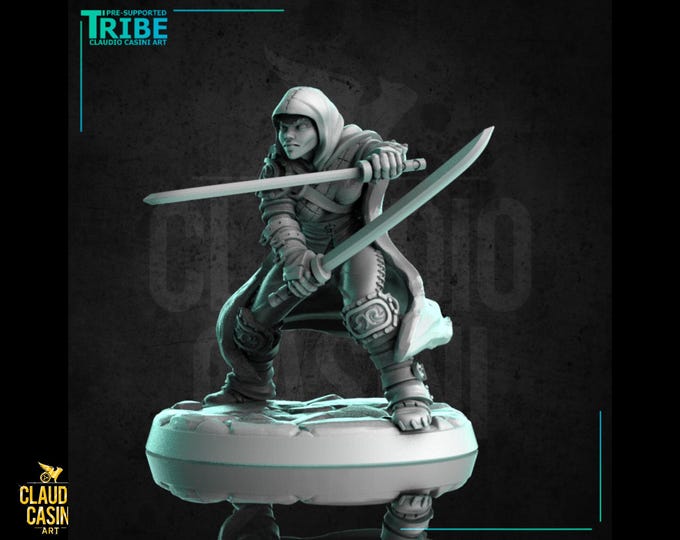 Human Rogue with Swords - 28mm or 32mm - Claudio Casini Art  - Dungeons and Dragons, Pathfinder! T250