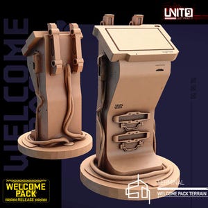 May include: Two beige-colored futuristic terminal models. One has a screen and the other has a more open design. The text "WELCOME PACK RELEASE" is visible on a yellow label. The text "TERMINAL WELCOME PACK TERRAIN" is also visible.