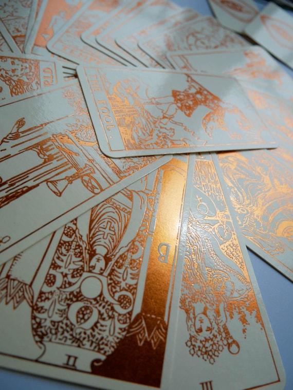 Cream Tarot Deck With Copper Foil-Pressed, Everything Foil Tarot Deck, Foil-pressed Waite-Smith Design Tarot Deck, Cream and Copper Tarot