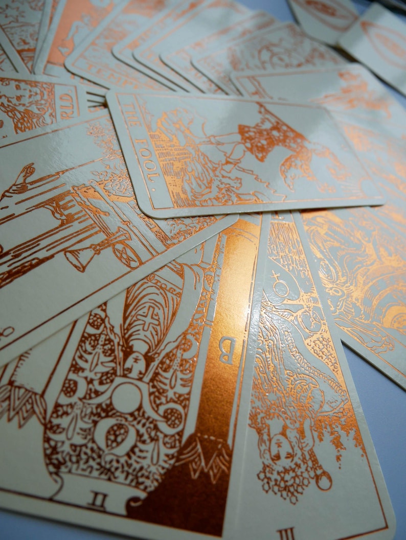 Cream Tarot Deck With Copper Foil-Pressed, Everything Foil Tarot Deck, Foil-pressed Waite-Smith Design Tarot Deck, Cream and Copper Tarot image 1