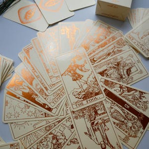 Cream Tarot Deck With Copper Foil-Pressed, Everything Foil Tarot Deck, Foil-pressed Waite-Smith Design Tarot Deck, Cream and Copper Tarot image 3