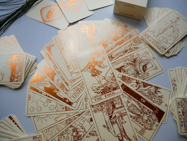 Cream Tarot Deck With Copper Foil-Pressed, Everything Foil Tarot Deck, Foil-pressed Waite-Smith Design Tarot Deck, Cream and Copper Tarot image 3