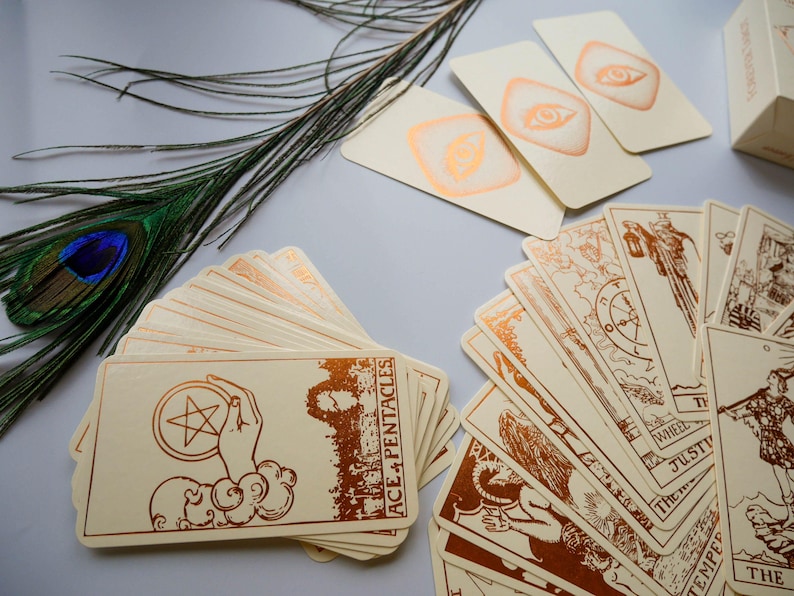 Cream Tarot Deck With Copper Foil-Pressed, Everything Foil Tarot Deck, Foil-pressed Waite-Smith Design Tarot Deck, Cream and Copper Tarot image 4