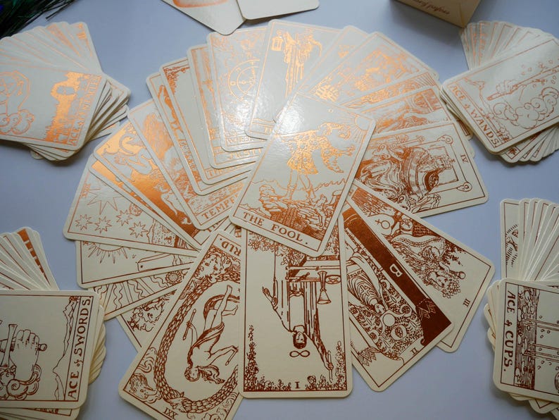 Cream Tarot Deck With Copper Foil-Pressed, Everything Foil Tarot Deck, Foil-pressed Waite-Smith Design Tarot Deck, Cream and Copper Tarot image 6