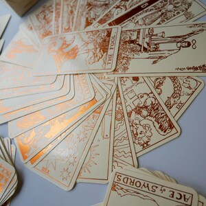 Cream Tarot Deck With Copper Foil-Pressed, Everything Foil Tarot Deck, Foil-pressed Waite-Smith Design Tarot Deck, Cream and Copper Tarot image 2