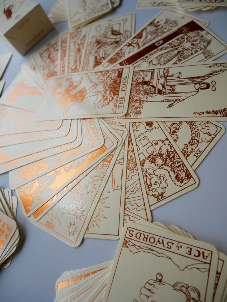 Cream Tarot Deck With Copper Foil-Pressed, Everything Foil Tarot Deck, Foil-pressed Waite-Smith Design Tarot Deck, Cream and Copper Tarot image 2