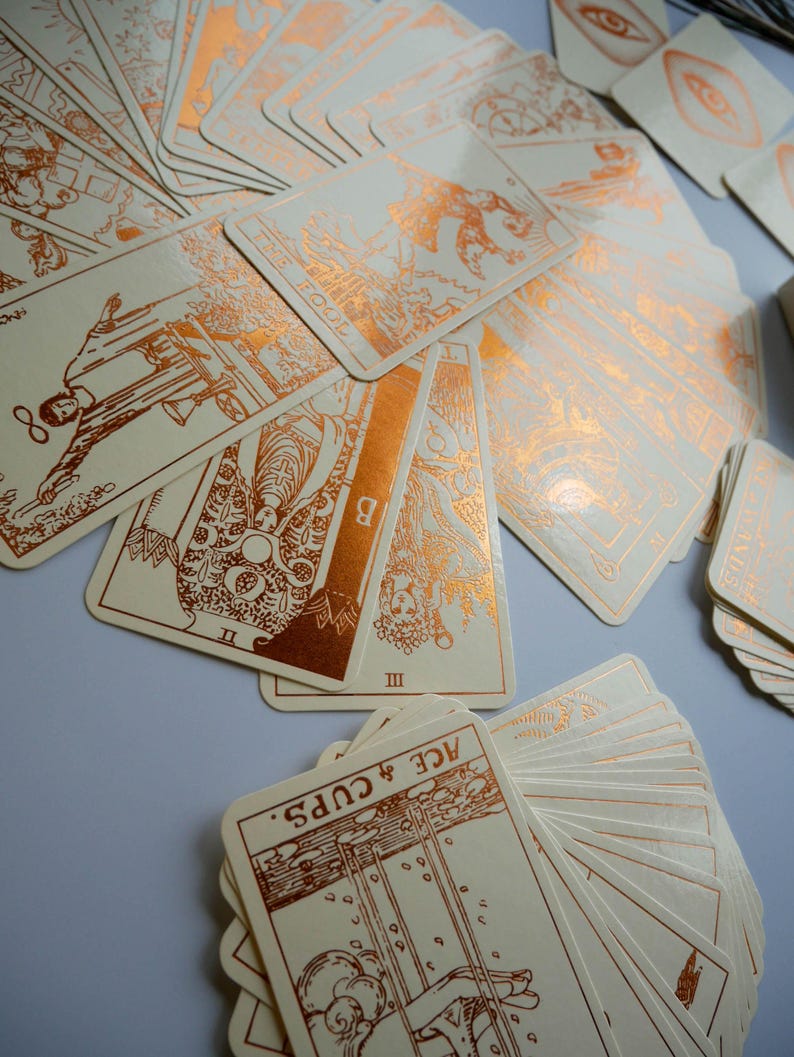 Cream Tarot Deck With Copper Foil-Pressed, Everything Foil Tarot Deck, Foil-pressed Waite-Smith Design Tarot Deck, Cream and Copper Tarot image 5