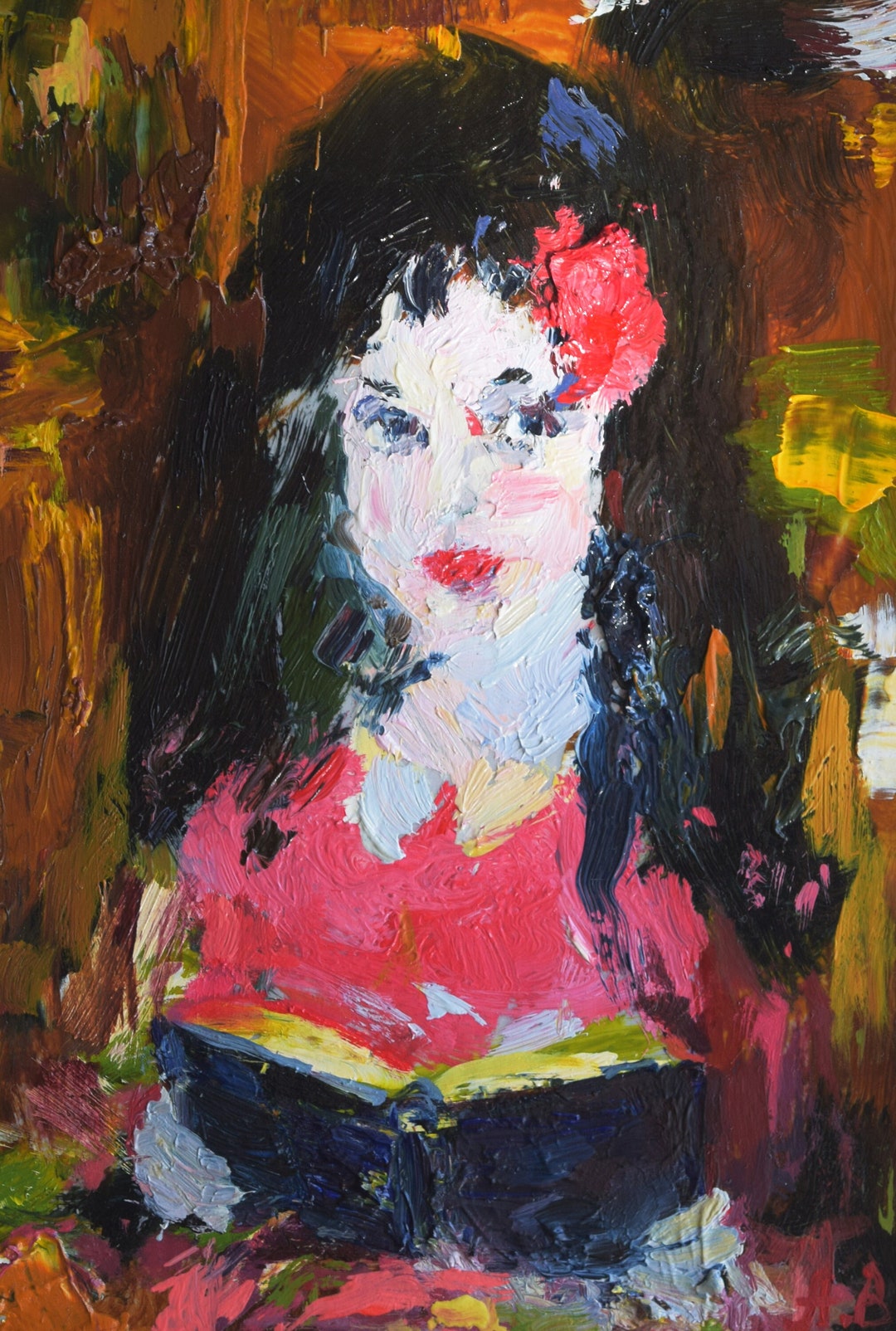 Red Lady With A Book Original Painting Etsy