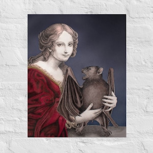 Batty at Heart, STAMPA OPACA STANDARD, Arte di Halloween, Pipistrello e ragazza, pipistrello della frutta, Halloween vintage, Halloween steampunk, rosso e viola