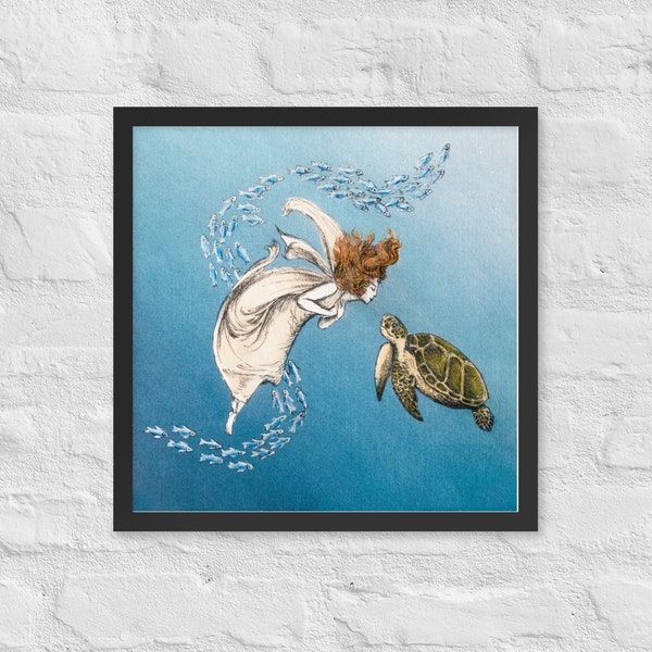 Framed Giclée art print, Ocean Bliss,  Niki McQueen, whimsical, fairy tale, beautiful nymph & turtle, vintage, gifts for her, ocean, sea