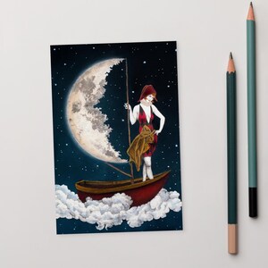 Voyages au clair de lune : carte postale d'art surréaliste de Niki McQueen | Mini impression paysage de rêve féminin | Carte postale mate à collectionner