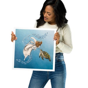 Stampa artistica Giclée, Ocean Bliss, di Niki McQueen, stravagante, fiabesca, bella donna e tartaruga, stile vintage, regali per lei, oceano, mare