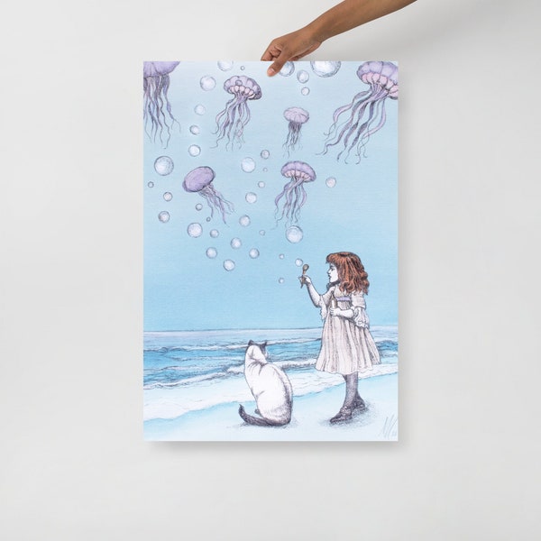 Giclée fine art print, I Dream of the Sea, Niki McQueen, whimsical, vintage, child, bubbles, Siamese cat, wall art