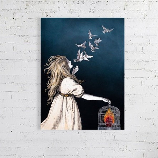 SWANSONG, premium Hahnemuhle Giclée fine art print, Niki McQueen, surreal, vintage style, beautiful singing girl, birds, heart and cage