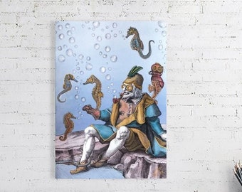 THE SEAHORSE WHISPERER, Niki Mcqueen Art, blue and gold, seahorses, ocean, whimsical fine art print, fairytale print vintage style steampunk