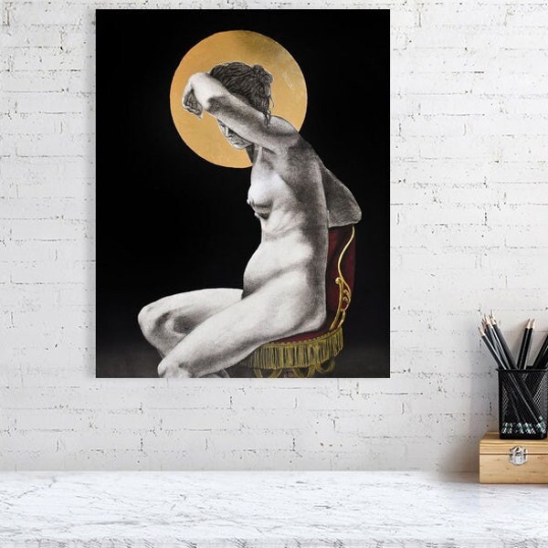 UNFORGIVEN, premium Giclée fine art print by Niki McQueen, surreal, sensual nude beautiful woman, black and gold certified limited edition