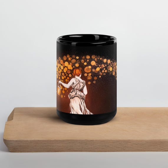 Black Glossy Ceramic Mug, Keeper of Light, Amanda Palmer Art