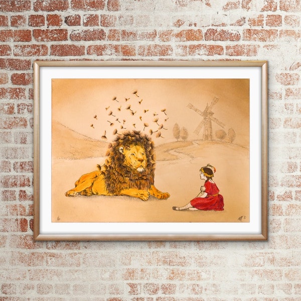 Fine art print, THE DANDY LION, by Niki McQueen, whimsical, fairy tale, child and lion, dandelion, vintage style