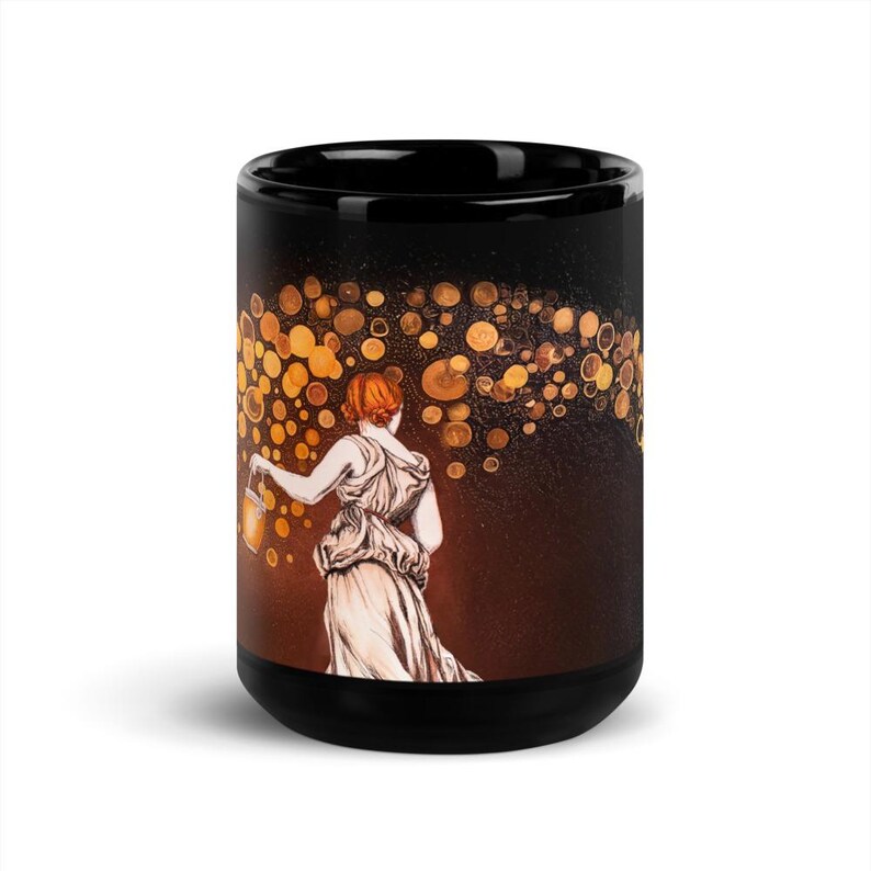 May include: Black ceramic mug featuring an illustration of a woman in a flowing gown holding a lantern. The background has a dark, textured appearance with golden orbs, creating a warm, artistic design. The mug is a standard size.