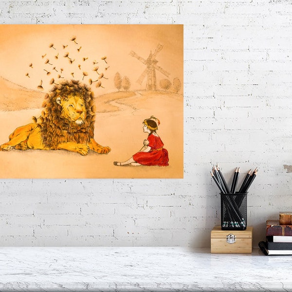 THE DANDY LION, premium Hahnemuhle Giclée fine art print, Niki McQueen, vintage style, lion and child, fairytale, magic, gift for child